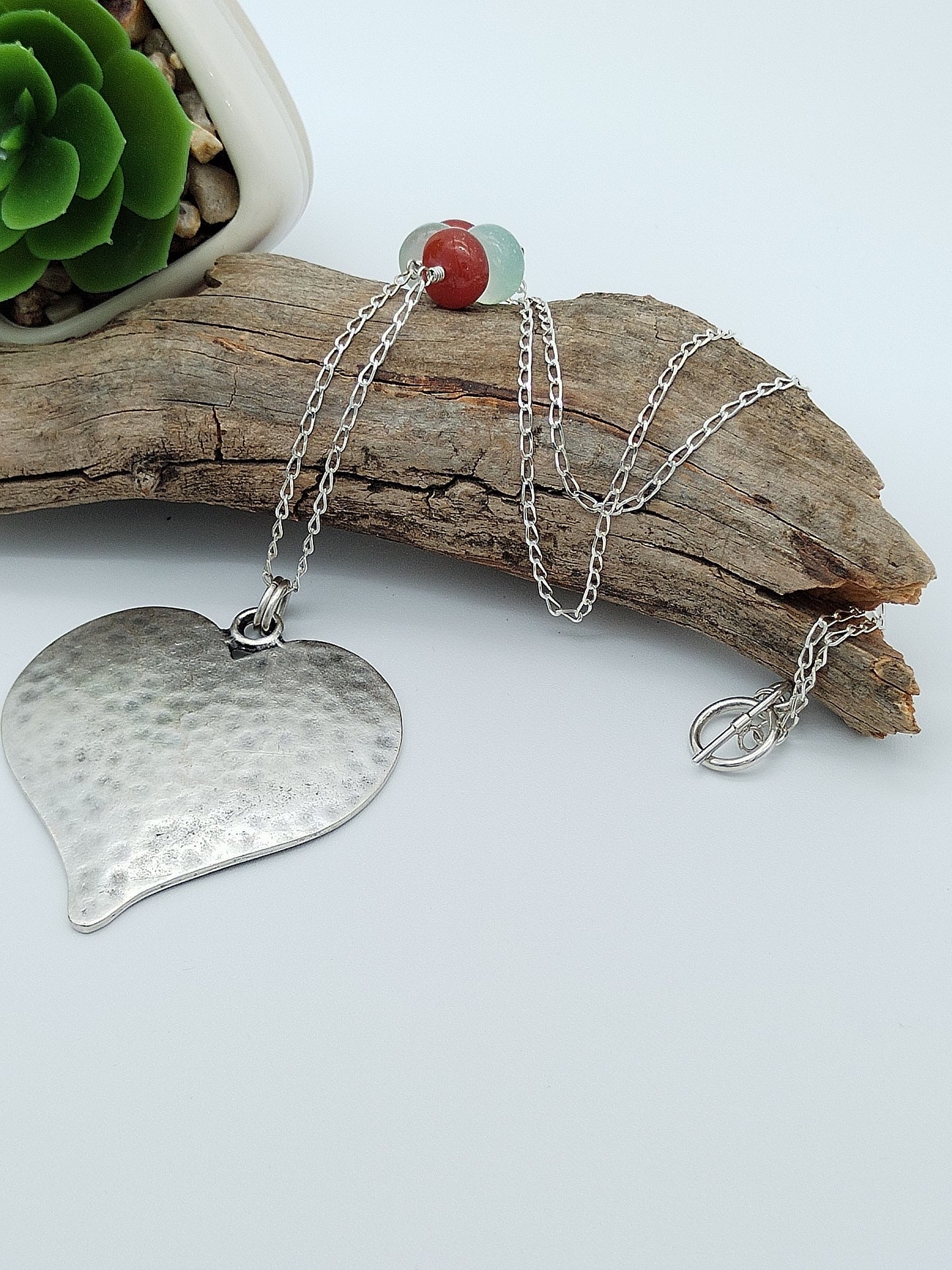 Long Sterling Silver Heart Necklace, Large Silver Heart and Chalcedony Necklace