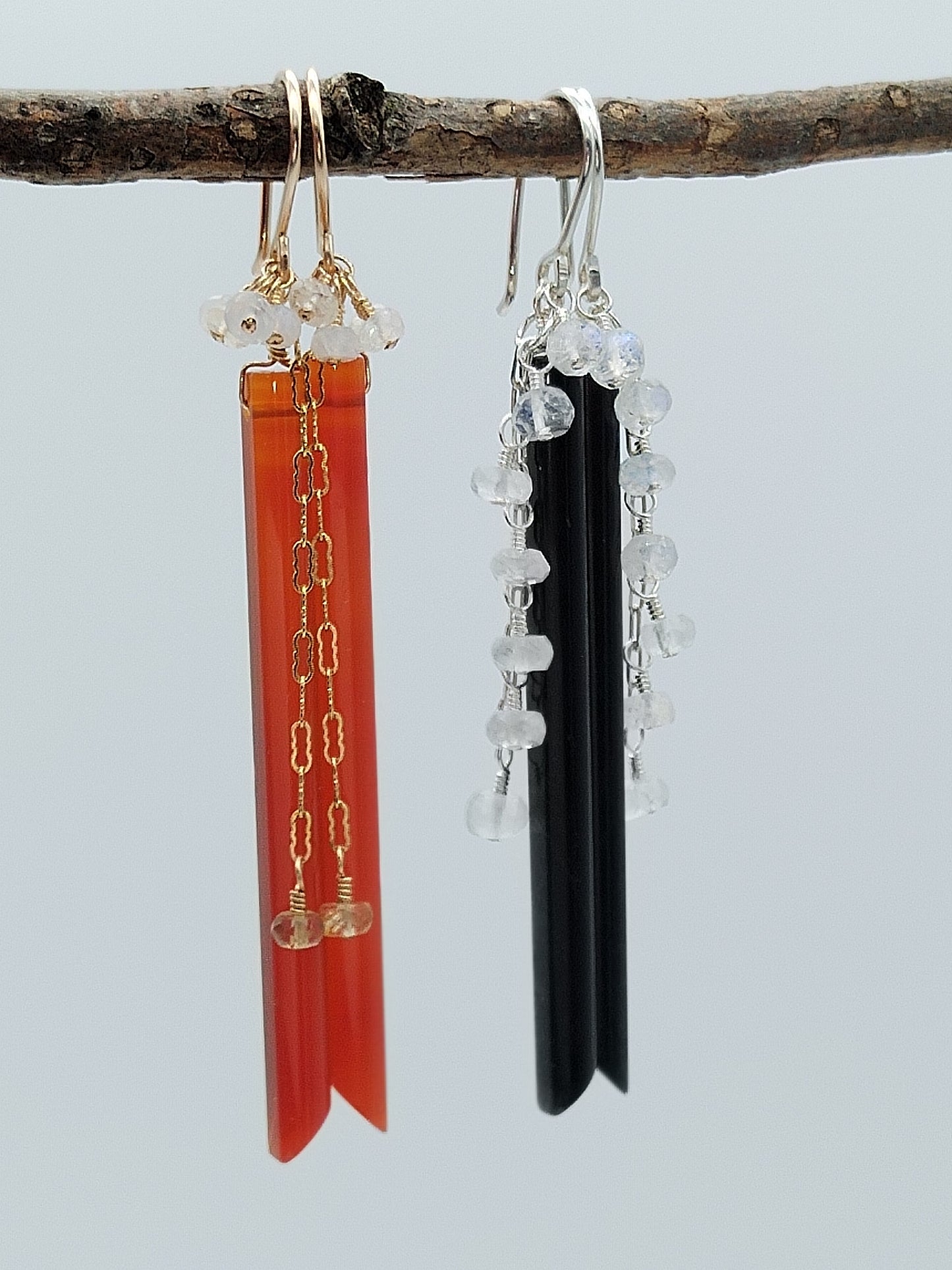 Natürliche rote Achat- und Obsidian-Ohrhänger, lange Ohrringe aus Sterlingsilber und Gold