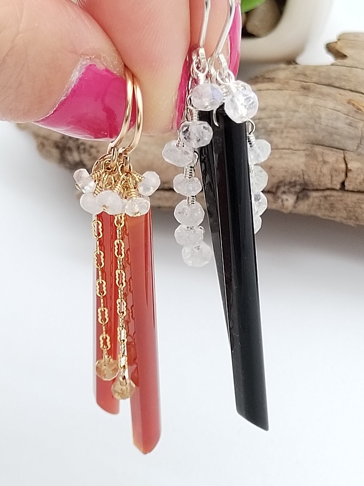 Natürliche rote Achat- und Obsidian-Ohrhänger, lange Ohrringe aus Sterlingsilber und Gold
