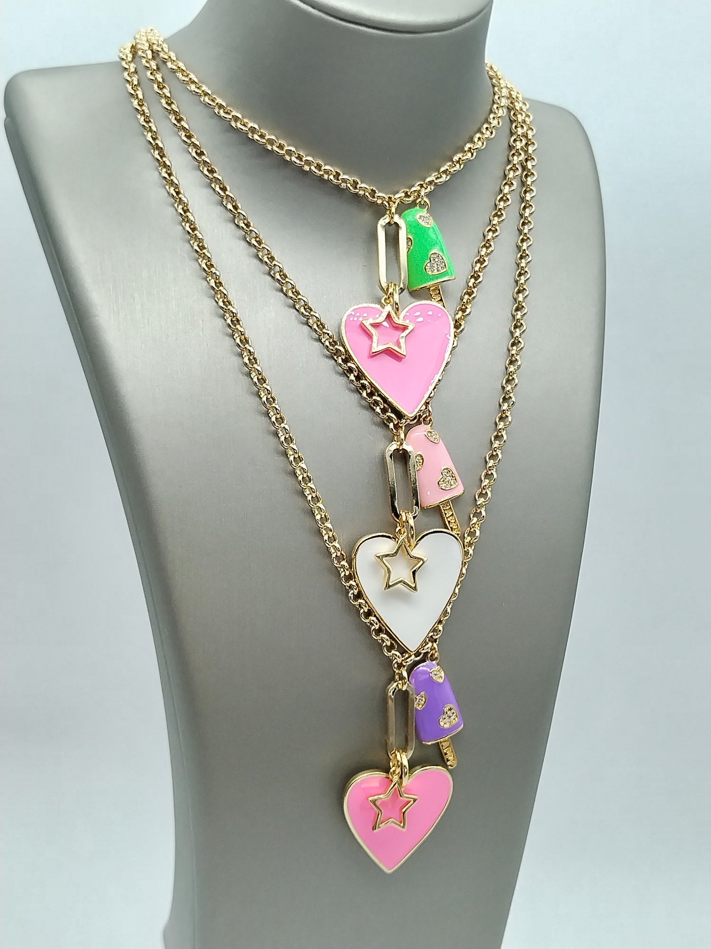 Barbie Pink Heart Pendant Necklace, 14k Gold Filled Colorful Choker, Layering Star Rollo Gold Chain Necklace, Fun Ice Cream Necklace