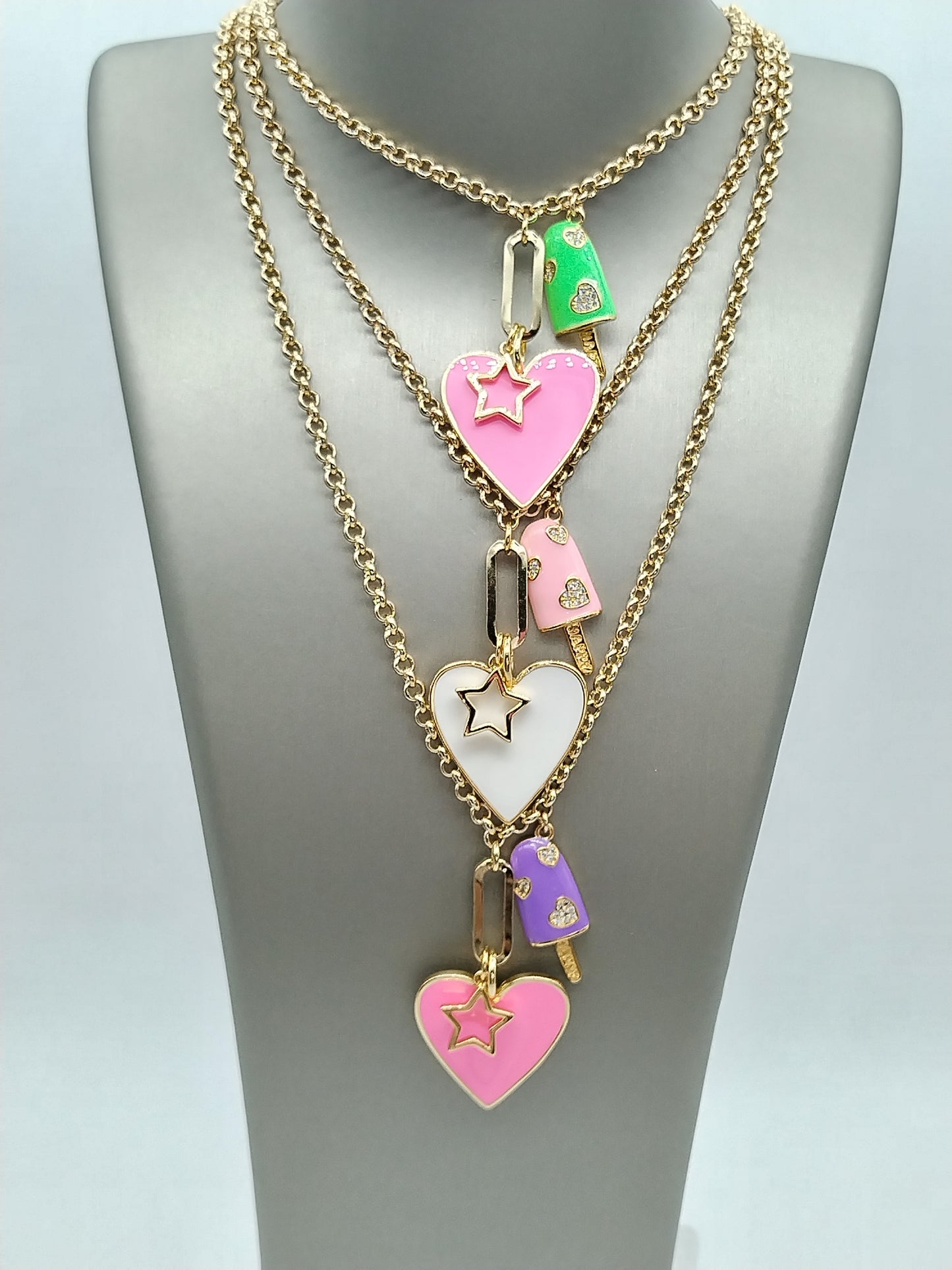 Barbie Pink Heart Pendant Necklace, 14k Gold Filled Colorful Choker, Layering Star Rollo Gold Chain Necklace, Fun Ice Cream Necklace