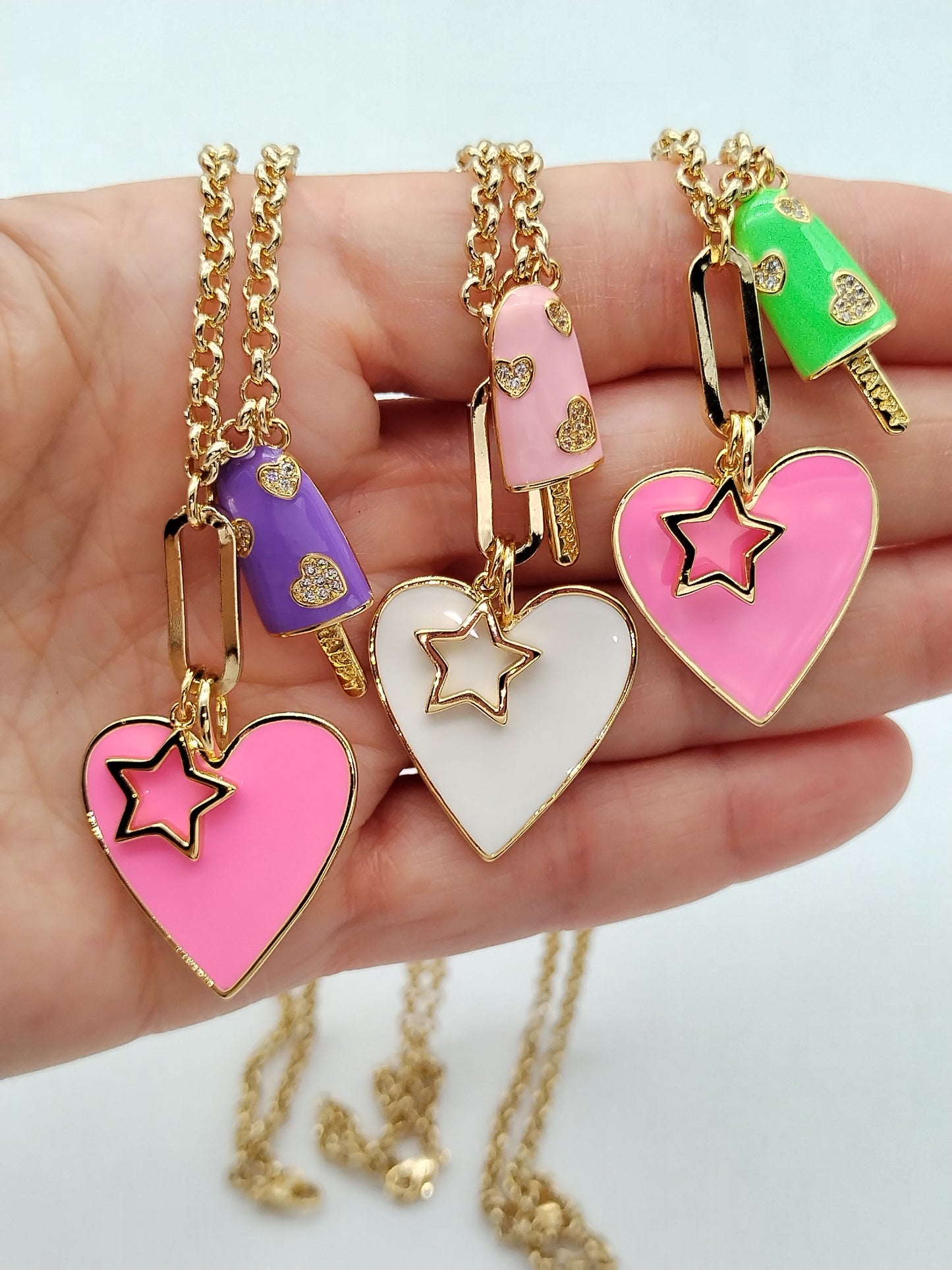 Barbie Pink Heart Pendant Necklace, 14k Gold Filled Colorful Choker, Layering Star Rollo Gold Chain Necklace, Fun Ice Cream Necklace
