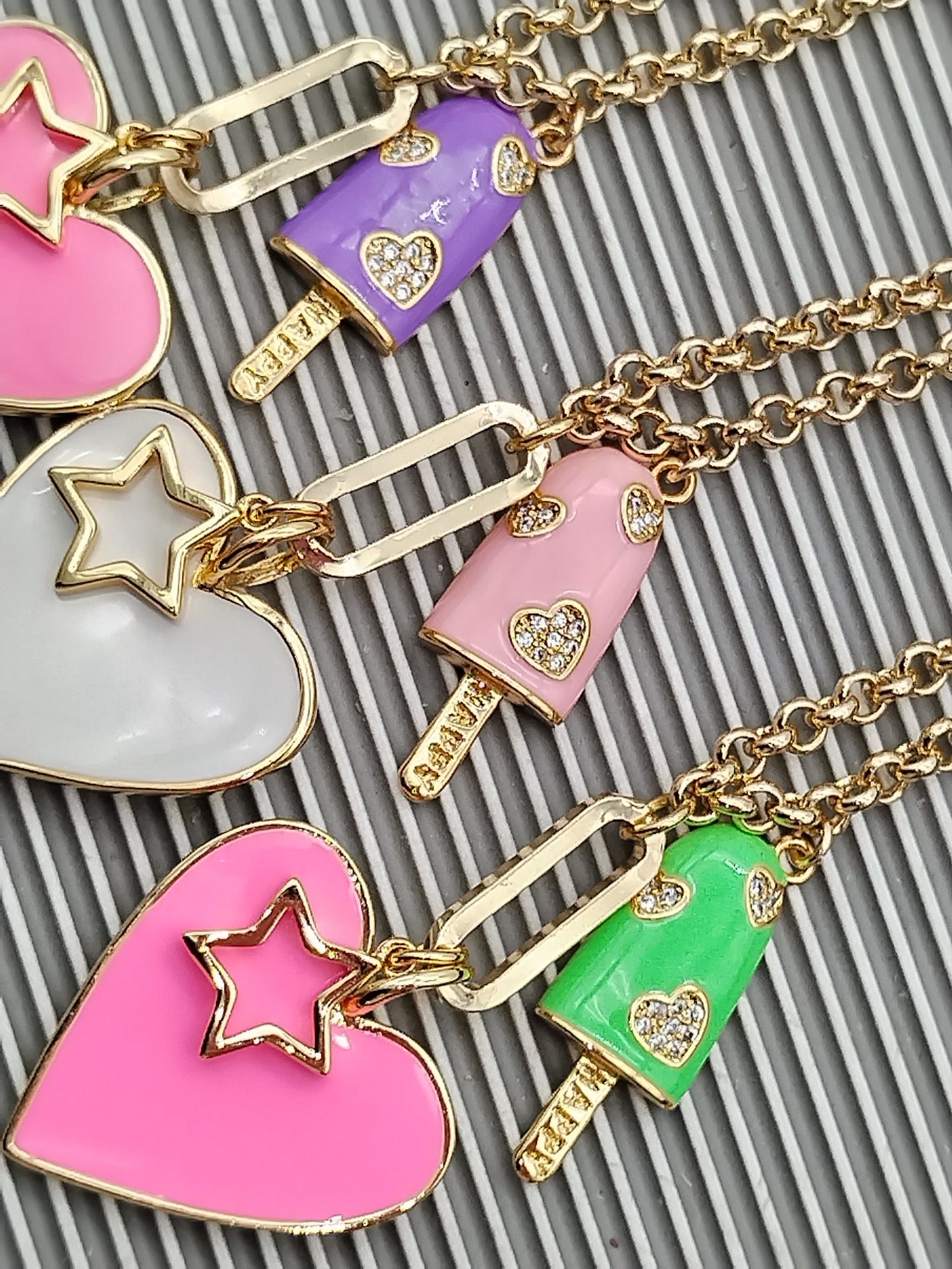 Barbie Pink Heart Pendant Necklace, 14k Gold Filled Colorful Choker, Layering Star Rollo Gold Chain Necklace, Fun Ice Cream Necklace