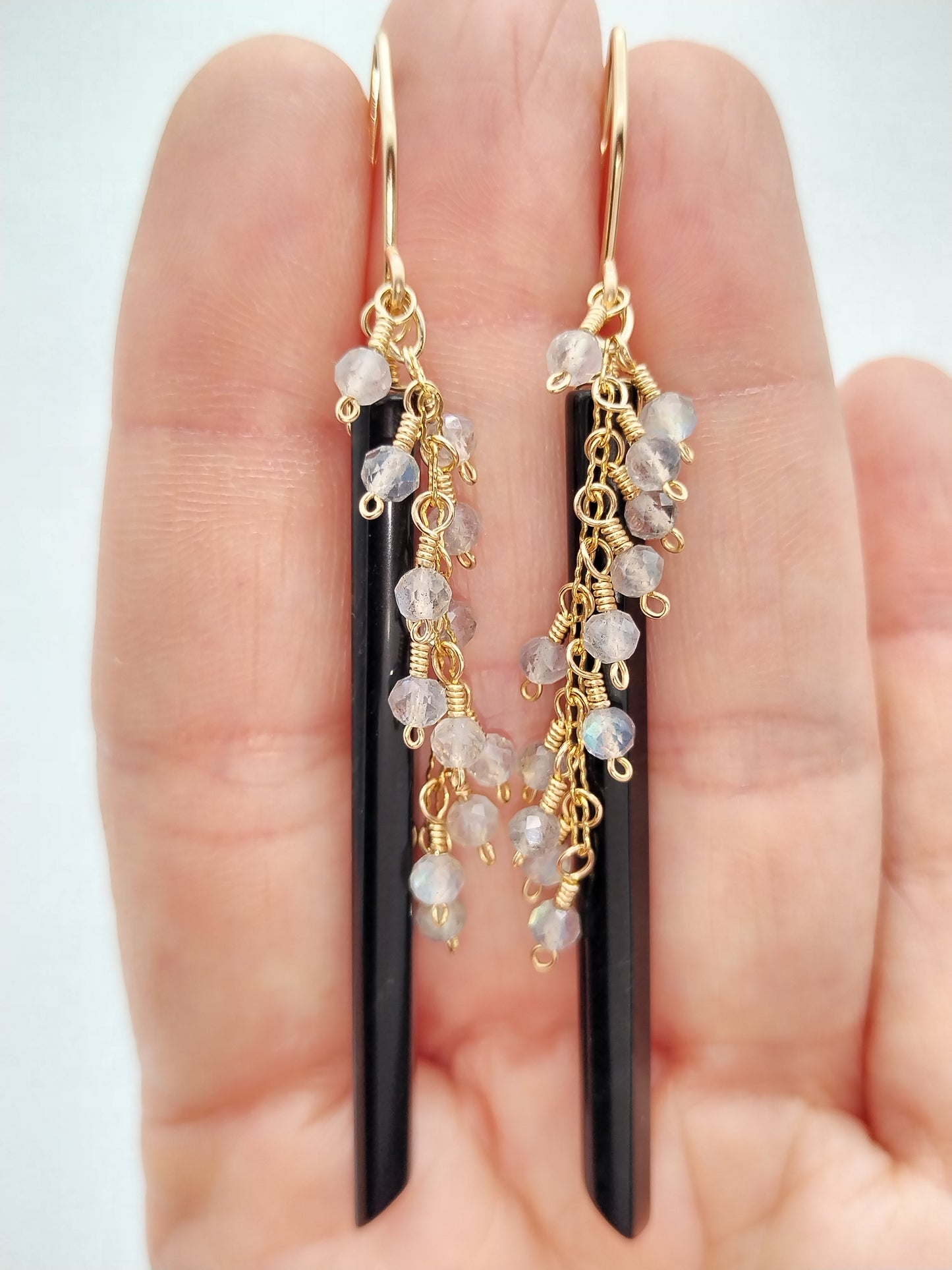 Edelstein-Ohrringe, 14 Karat Gold gefüllte lange Ohrringe, Obsidian, Labradorit und Perlenohrringe, zierliche Ohrringe