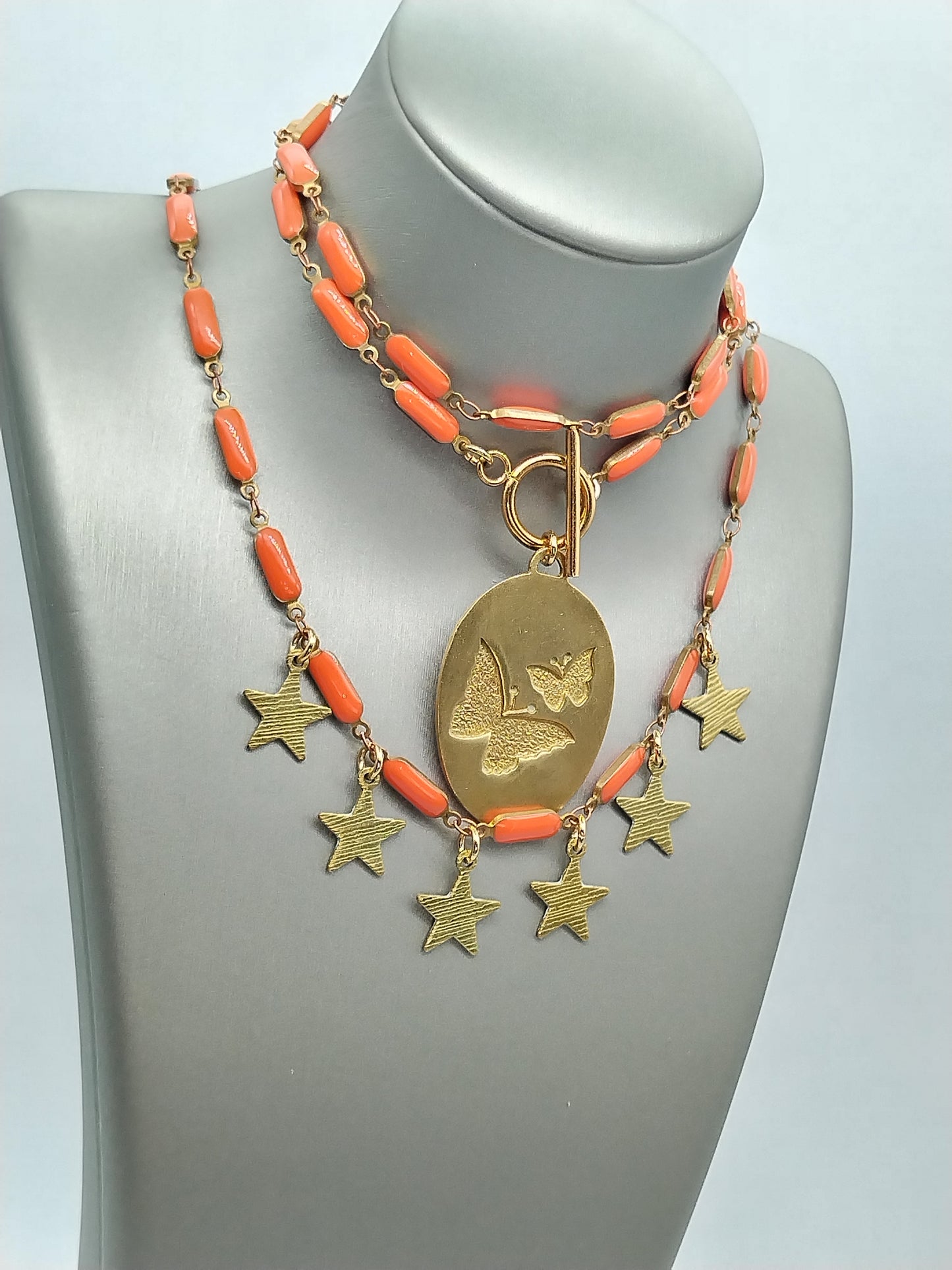 Gargantilla de estrella y ginkgo, collar de latón con barra abullonada de esmalte, collar con dijes deslumbrantes, collar con capas genial