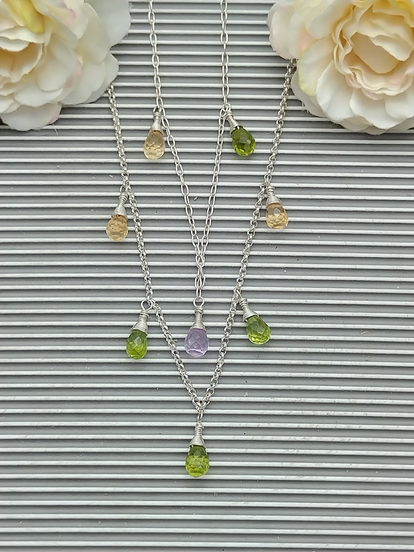 Collar colgante de piedras preciosas briolette, collar de plata esterlina, perdioto, citrino, amatista