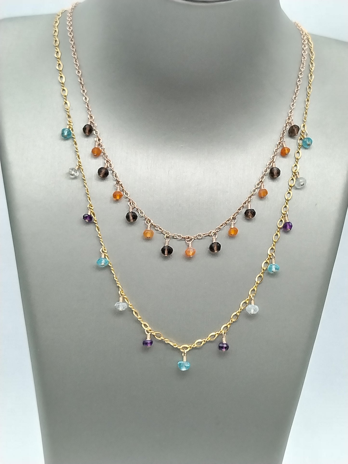 Amethyst-, Aquamarin- und Apatit-Halskette, Halskette mit mehreren Edelsteinen, zarte goldgefüllte Halskette, Perlenkette, Weihnachtsgeschenke, Geschenke für Frauen, zierlicher Schmuck