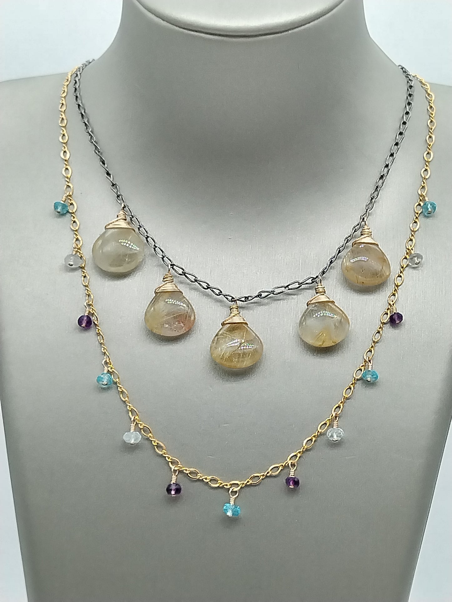 Amethyst-, Aquamarin- und Apatit-Halskette, Halskette mit mehreren Edelsteinen, zarte goldgefüllte Halskette, Perlenkette, Weihnachtsgeschenke, Geschenke für Frauen, zierlicher Schmuck