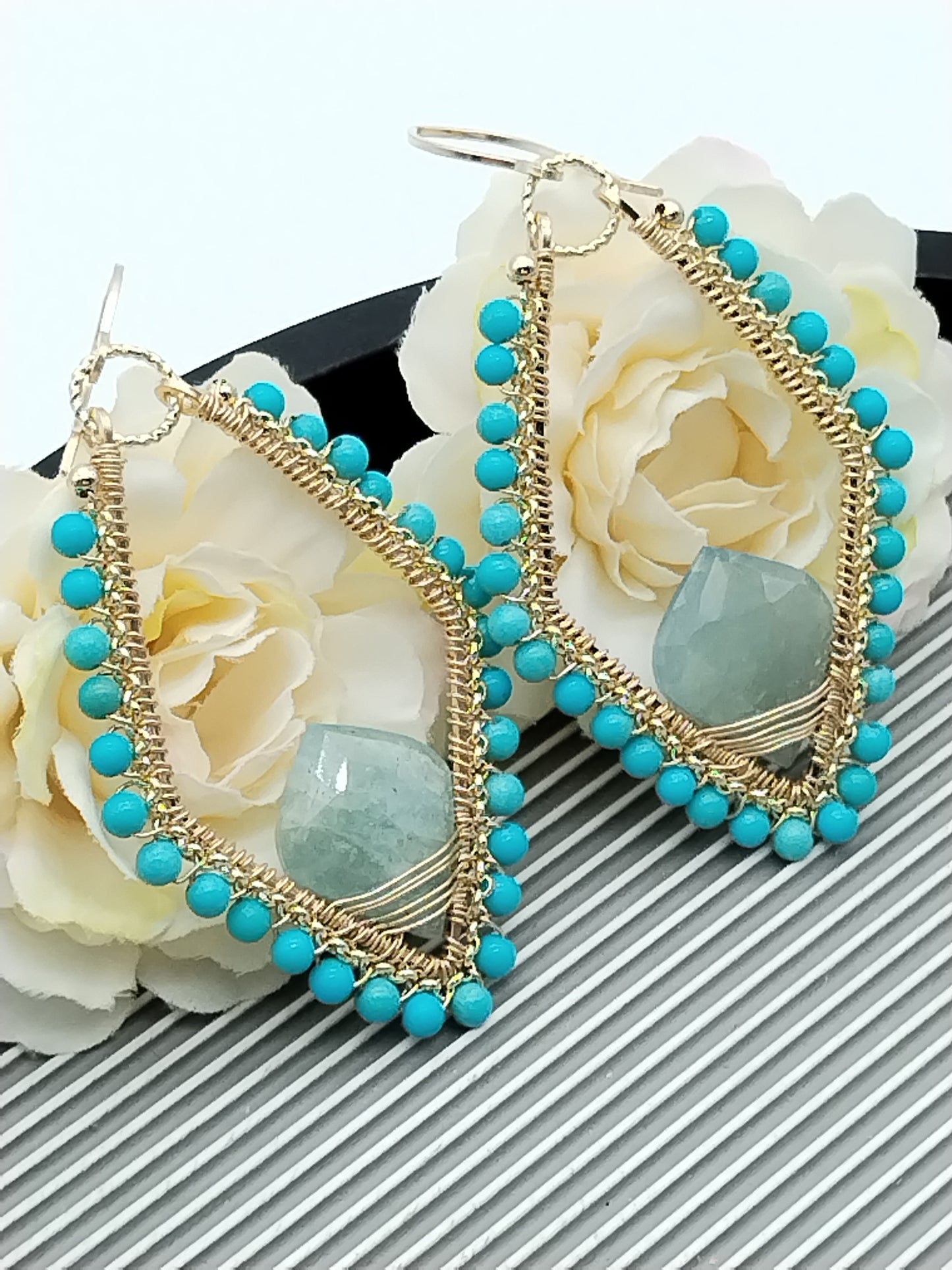 Pendientes colgantes grandes de turquesa y aguamarina, pendientes de aro de turquesa genuina, rellenos de oro de 14 k, regalos para ella, estilo boho chic, estilo vaquera, regalo