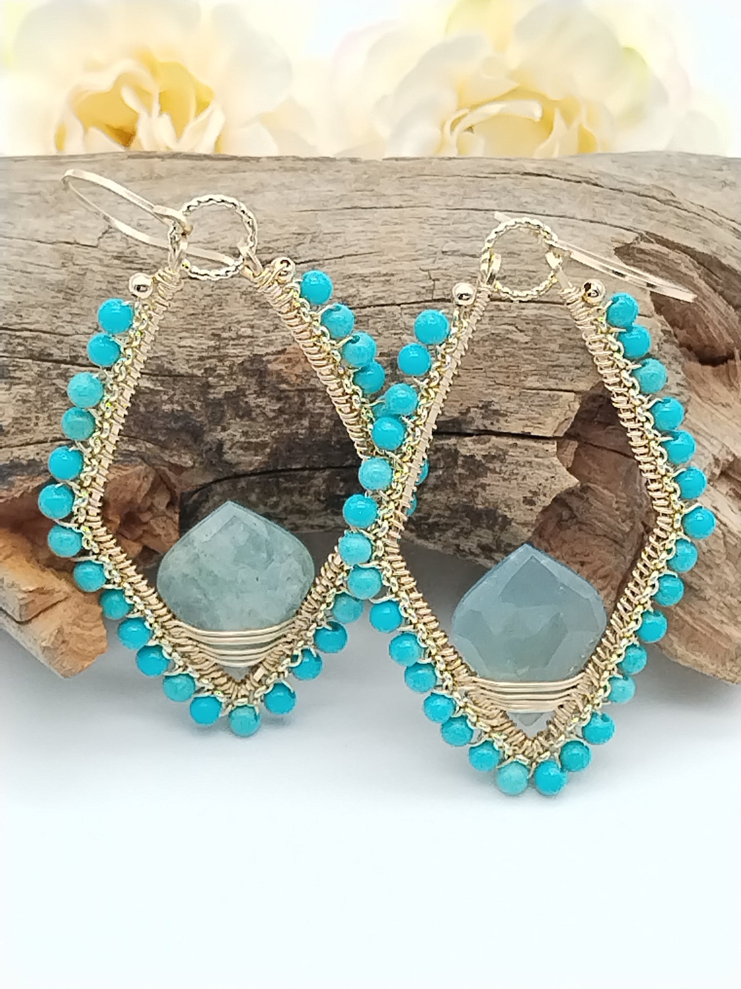 Pendientes colgantes grandes de turquesa y aguamarina, pendientes de aro de turquesa genuina, rellenos de oro de 14 k, regalos para ella, estilo boho chic, estilo vaquera, regalo