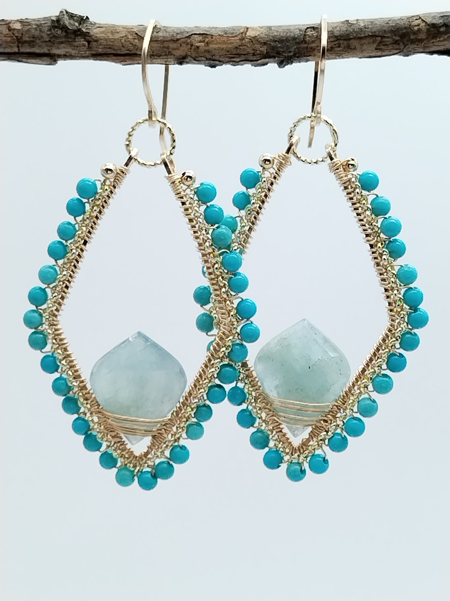 Pendientes colgantes grandes de turquesa y aguamarina, pendientes de aro de turquesa genuina, rellenos de oro de 14 k, regalos para ella, estilo boho chic, estilo vaquera, regalo