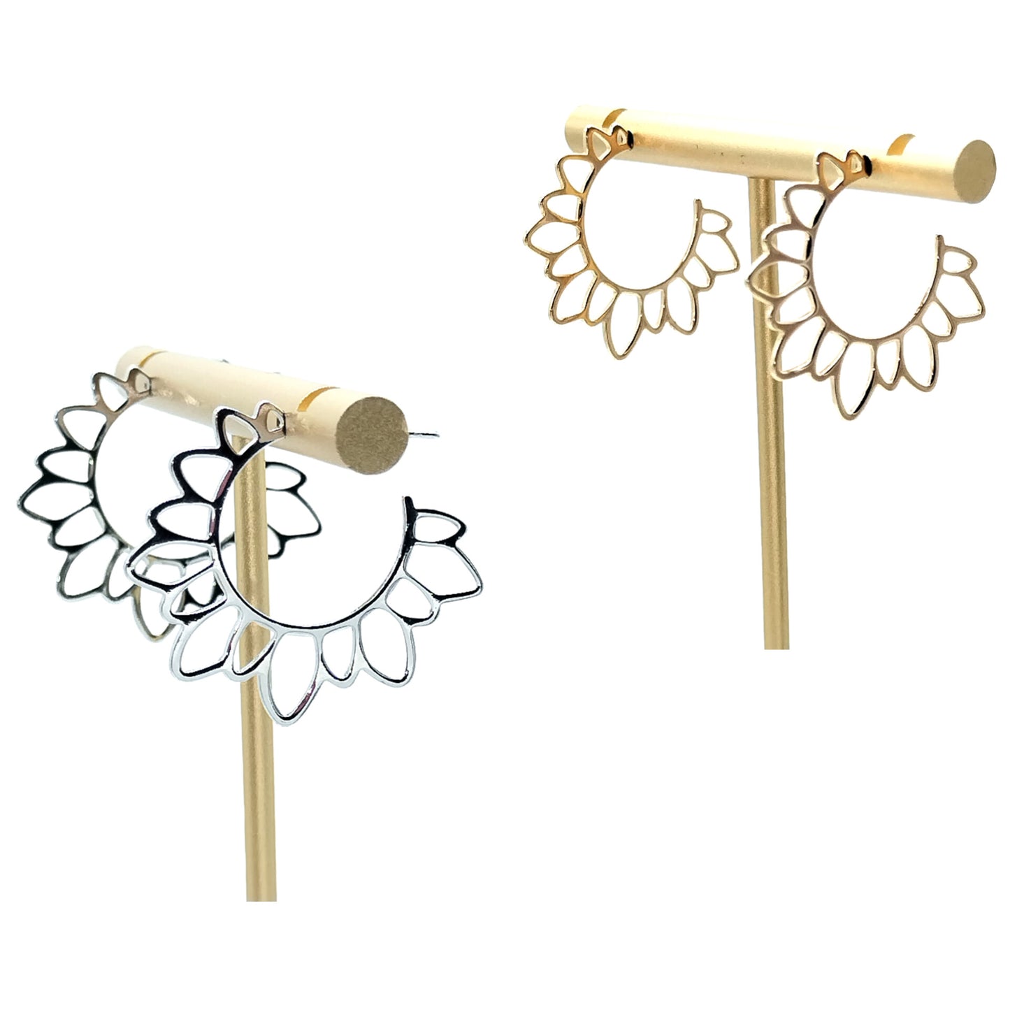 Pendientes de aro grandes con forma de pétalos de flores plateadas | Aros con cierre de botón