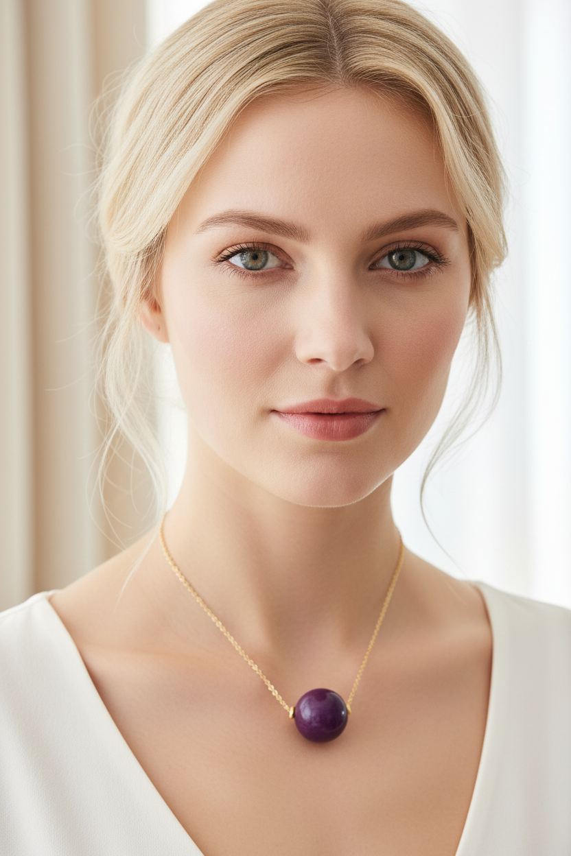 Purple Tagua Bead Pendant Necklace Gold Chain Worn by Woman
