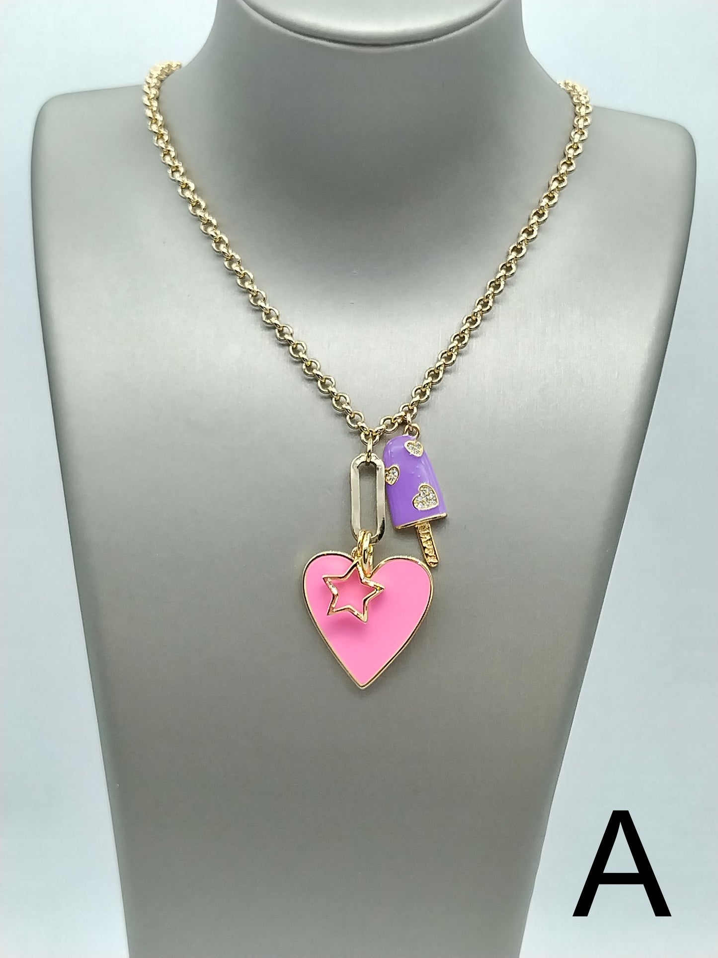 Barbie Pink Heart Pendant Necklace, 14k Gold Filled Colorful Choker, Layering Star Rollo Gold Chain Necklace, Fun Ice Cream Necklace
