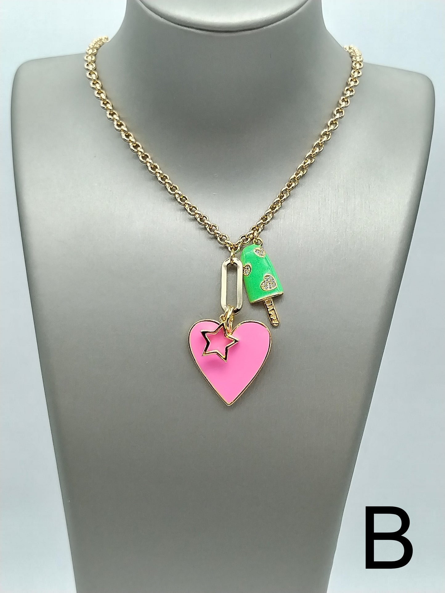 Barbie Pink Heart Pendant Necklace, 14k Gold Filled Colorful Choker, Layering Star Rollo Gold Chain Necklace, Fun Ice Cream Necklace