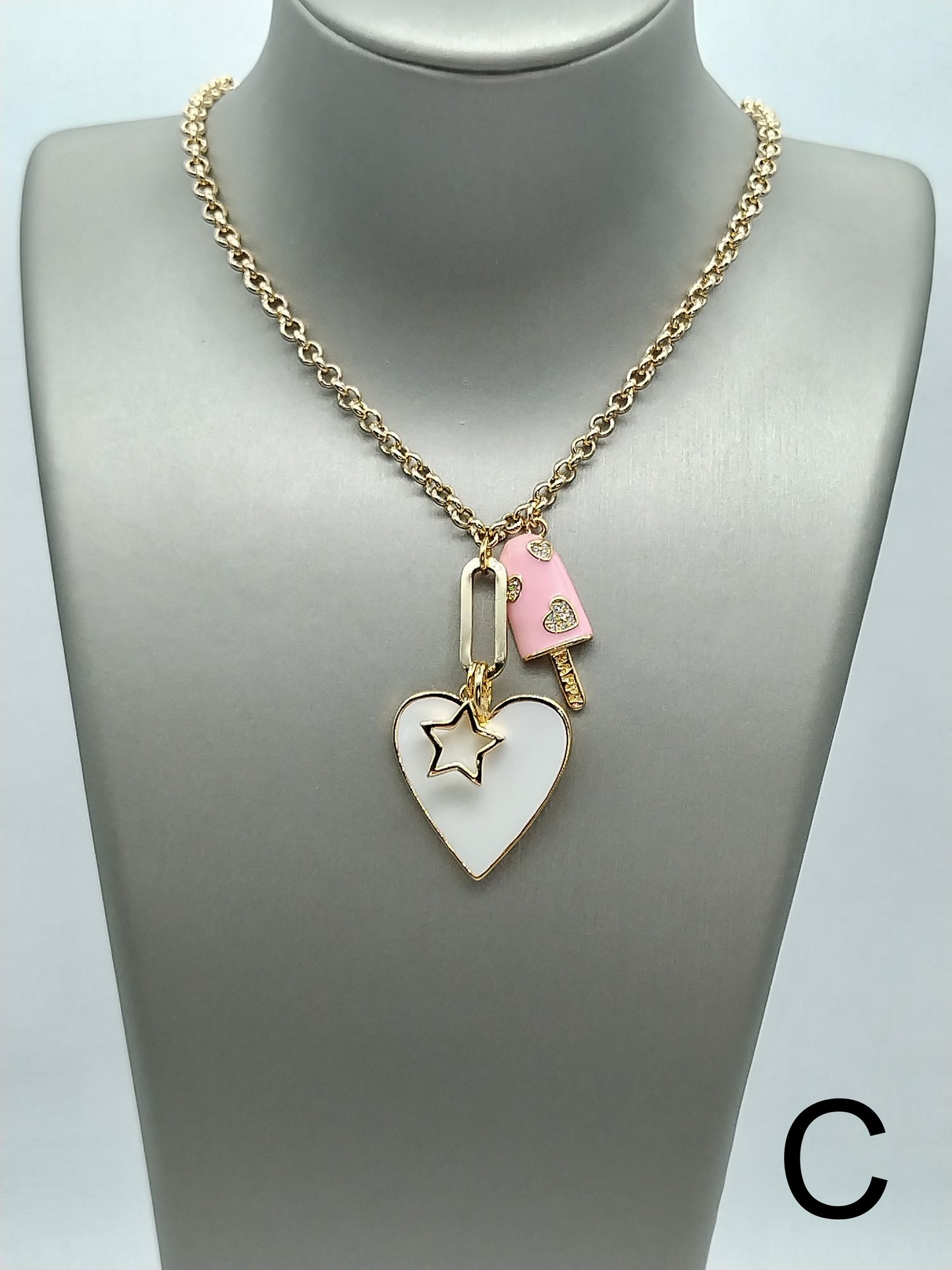 Barbie Pink Heart Pendant Necklace, 14k Gold Filled Colorful Choker, Layering Star Rollo Gold Chain Necklace, Fun Ice Cream Necklace