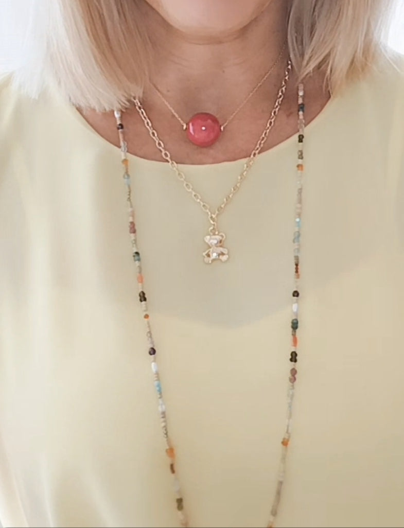 Unisex Long Gemstone and Terracotta beads Necklace, Boho - Chic, Minimalist Jewelry