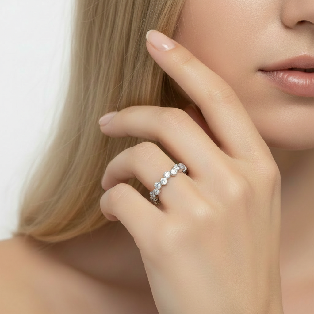 Nordic model wearing adjustable CZ eternity ring – rhodium silver plated open band ring with zigzag cubic zirconia stones | Ms Friesch
