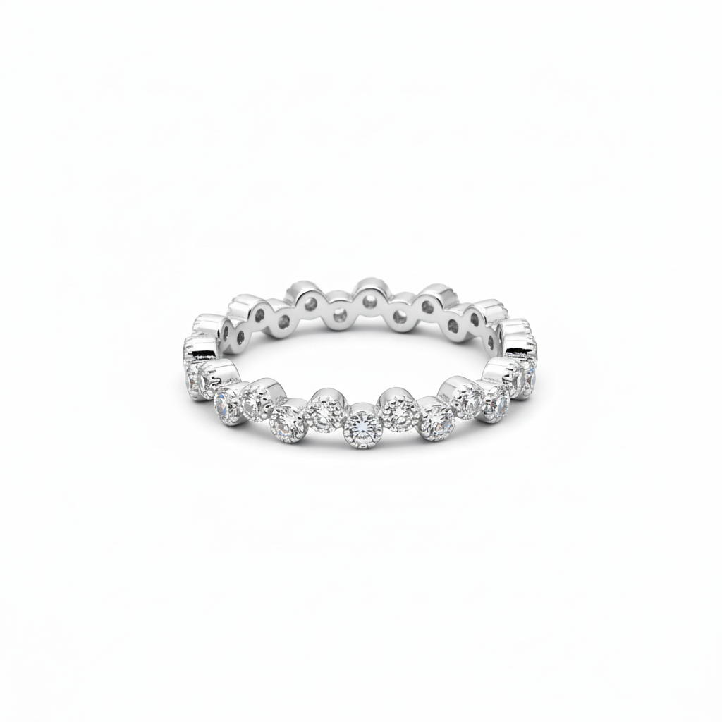 Adjustable eternity CZ ring with zigzag bezel setting – rhodium silver plated open band ring | Ms Friesch