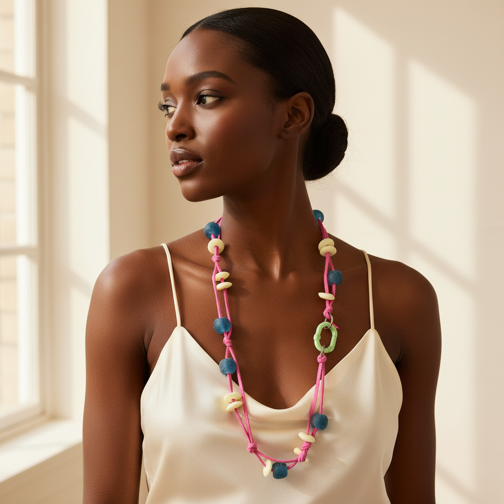 African Crystal Bead Necklace Fuchsia Pistachio Navy Long Boho Necklace for Women
