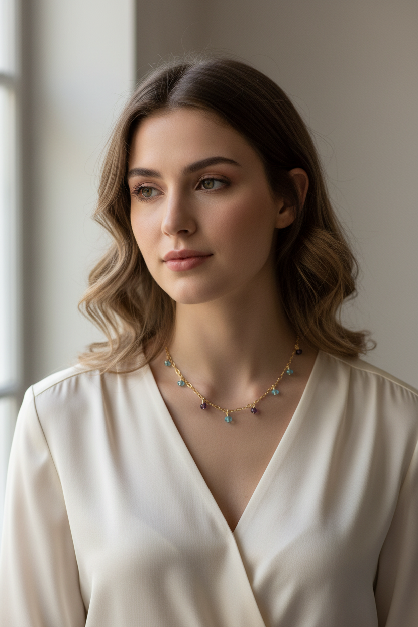 Amethyst Apatite Necklace on Model