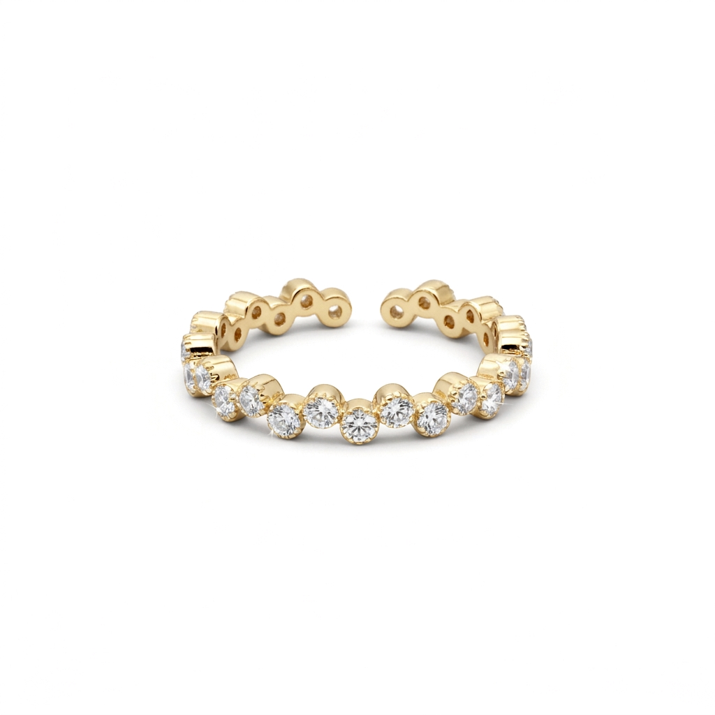 18k Gold Plated zigzag ring with round cubic zirconia in bezel settings and an open back
