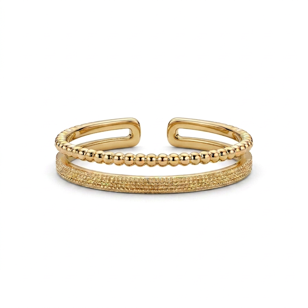 Adjustable double band ring in 18k Gold Plated with a beaded row and four fine textured lines on a white background
