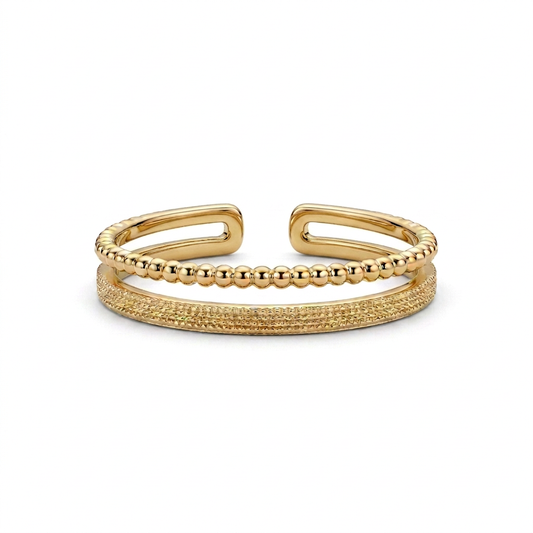 Adjustable double band ring in 18k Gold Plated with a beaded row and four fine textured lines on a white background
