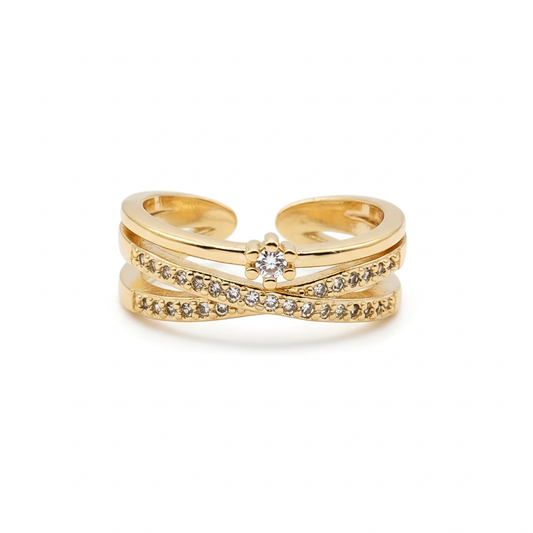 18k Gold Plated adjustable crossover ring with three rows and clear cubic zirconia on a white background