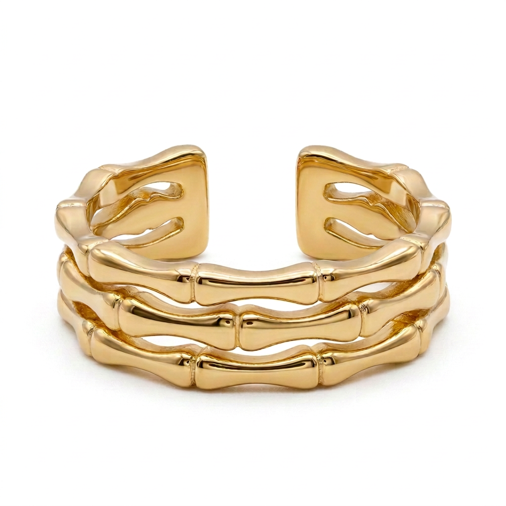 Triple band bamboo inspired ring in 18k Gold Plated with staggered detailing