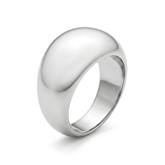 Chunky bombé ring in Platinum PVD stainless steel with a 13 mm domed top