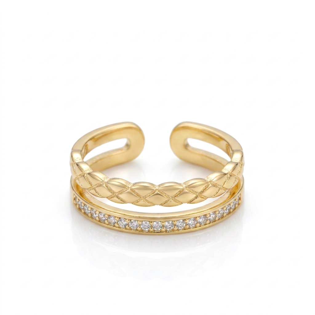 18k Gold Plated double band ring with braided detail and cubic zirconia