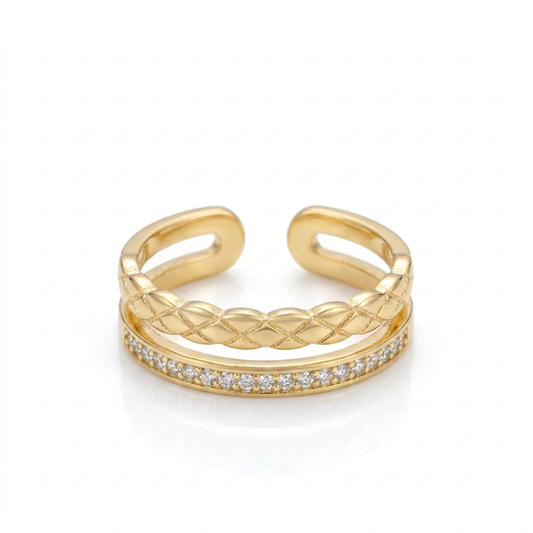 18k Gold Plated double band ring with braided detail and cubic zirconia