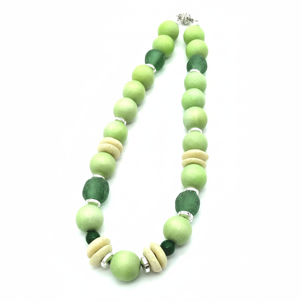 Apple green wood bead necklace - bright vivid lighting