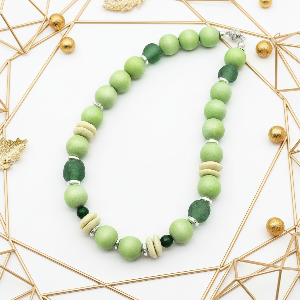 Apple green wood bead necklace only in white and gold setting