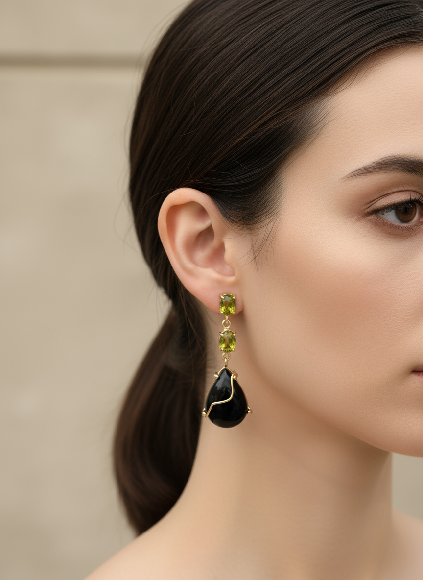 Aretes de Peridoto y Onix 42mm en Modelo