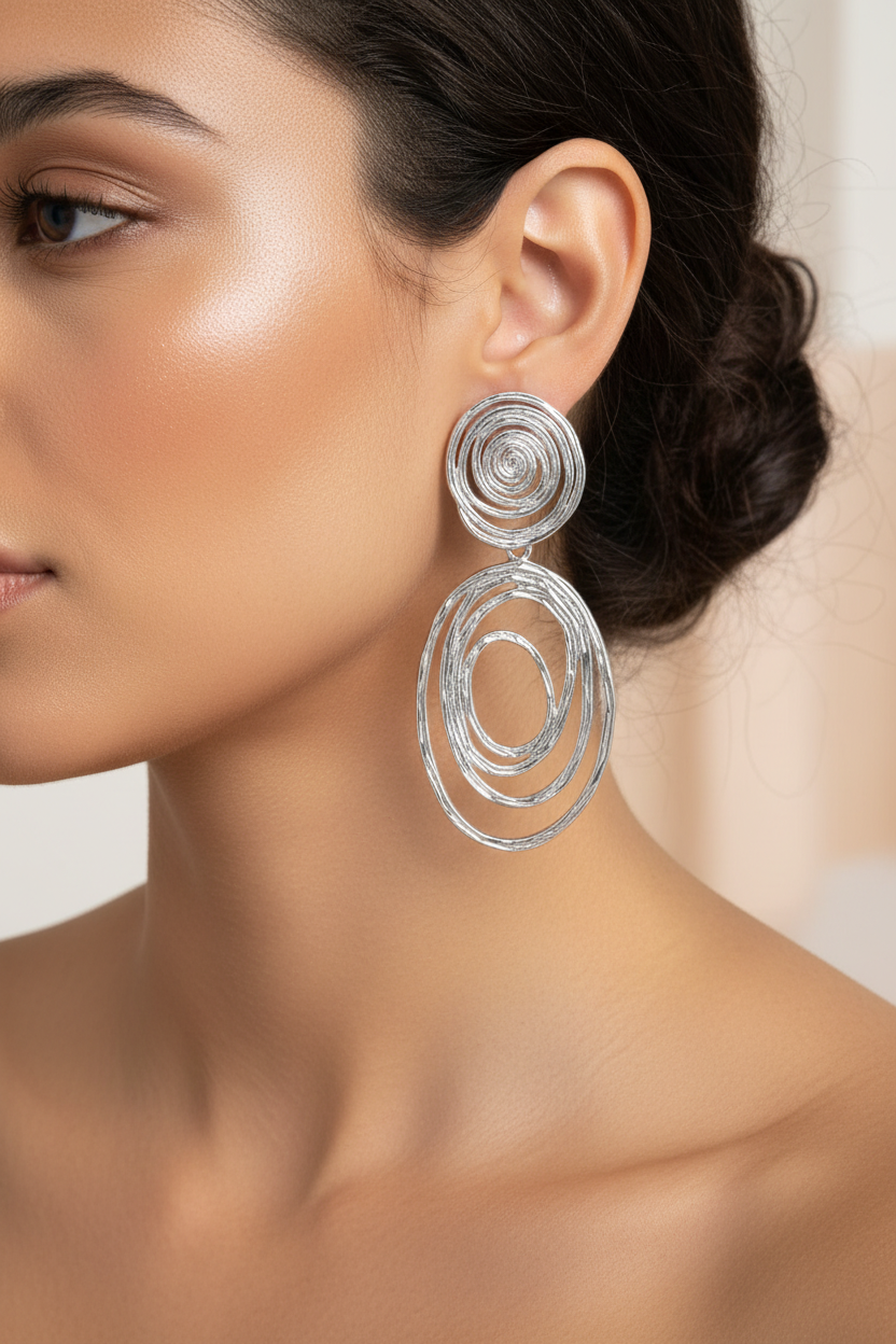 Artisan spiral stud earrings in silver rhodium plating worn by model showcasing statement jewelry