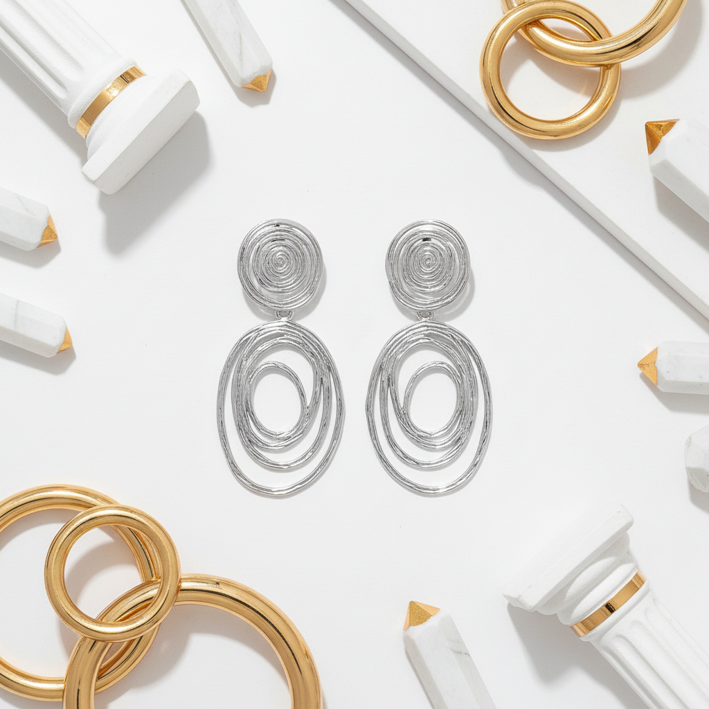 Luxury silver rhodium plated textured spiral stud earrings in elegant white and gold setting