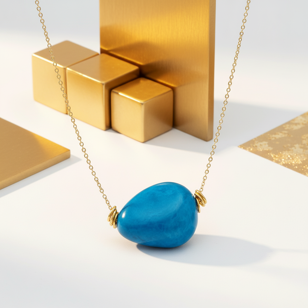 Large baby blue tagua stone pendant 40mm natural eco-friendly necklace gold chain