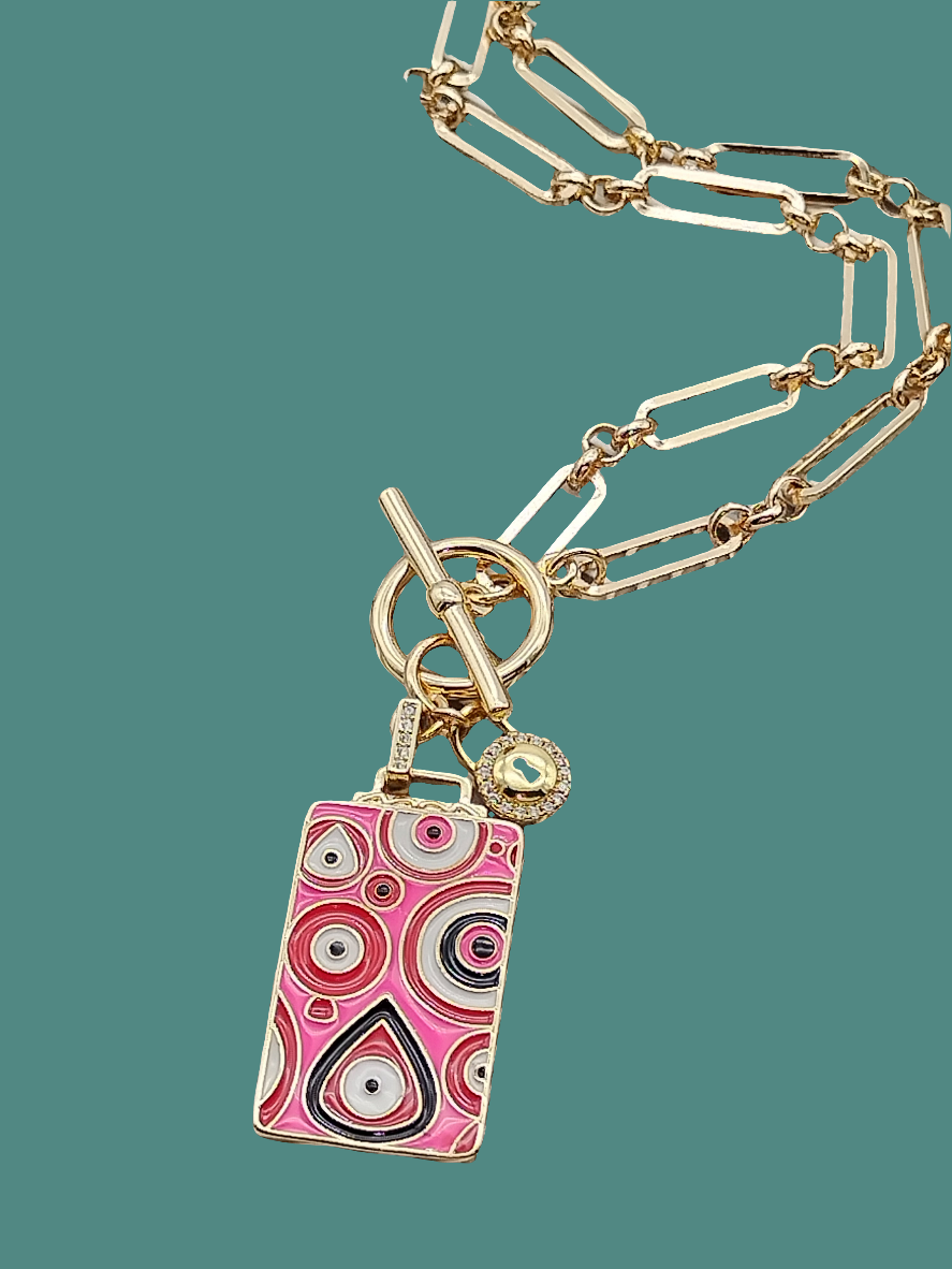Devil Eye Large Pendant Necklace, 14k Gold Filled Paper Clip Choker