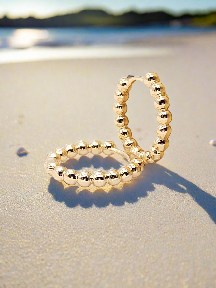 Gold Beaded Huggies, Hoop Earrings, Trending Jewelry, classy, Women, Girls, Gifts, Unique
