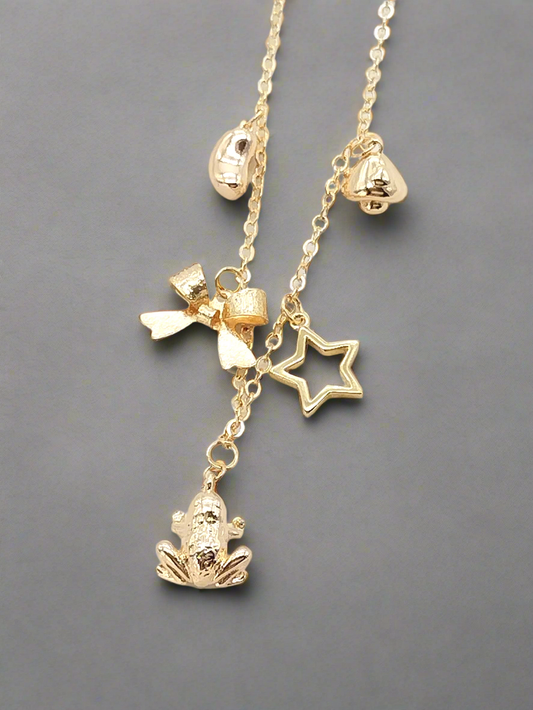 Dangling Gold Charms Necklace, Link Chain, Trendy Women Jewelry, Gift, Birthday