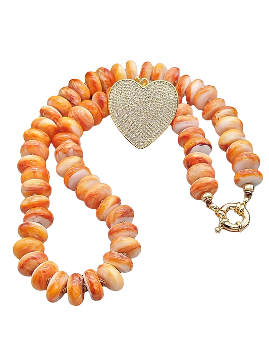 Collar de ostras espinosas con forma de rondelle, gargantilla de piedras preciosas grandes, collar anudado a mano relleno de oro de 14 k, colgante de corazón de oro con circonita cúbica