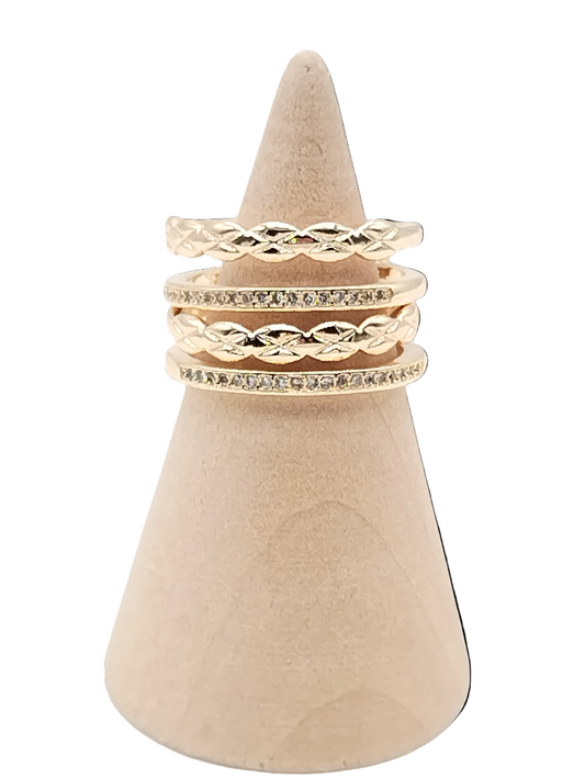 Double band braided ring stacked with other gold plated rings, adjustable cubic zirconia design