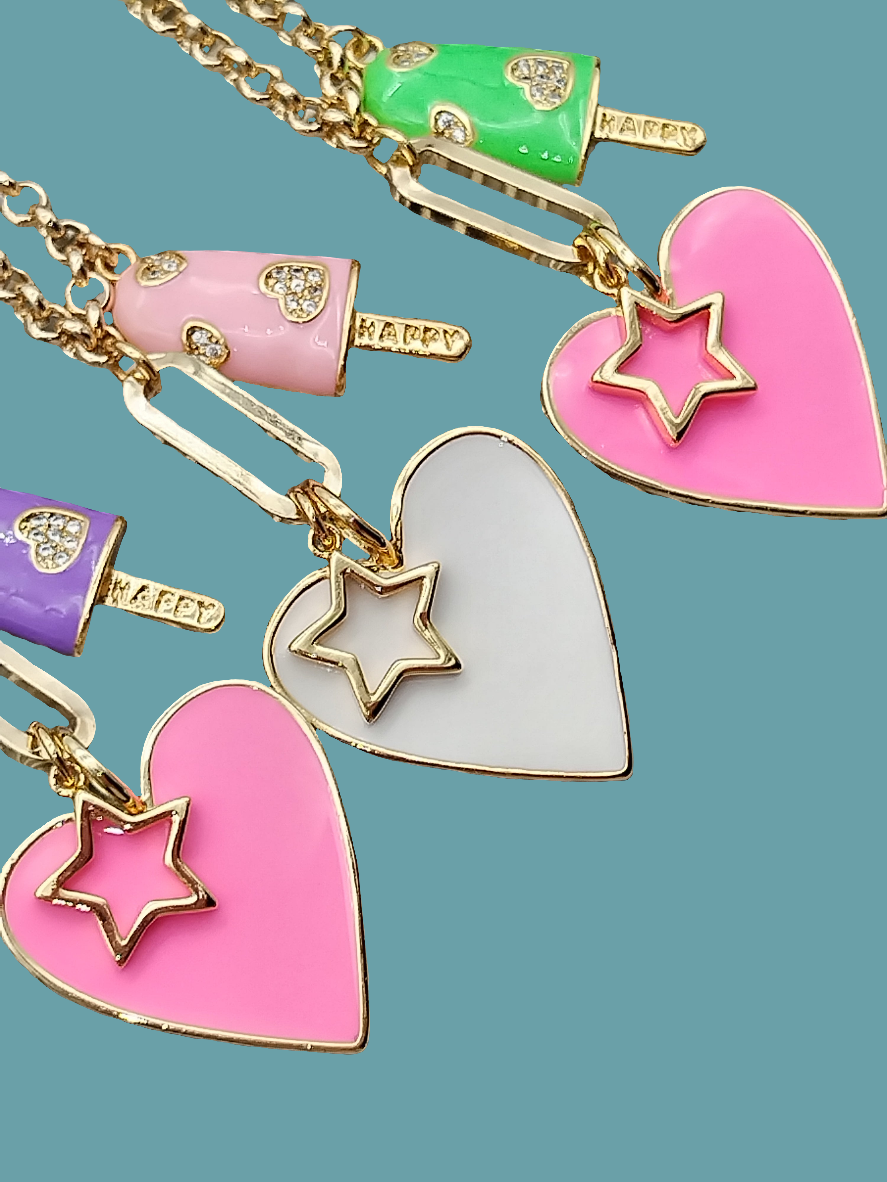 Barbie Pink Heart Pendant Necklace, 14k Gold Filled Colorful Choker, Layering Star Rollo Gold Chain Necklace, Fun Ice Cream Necklace
