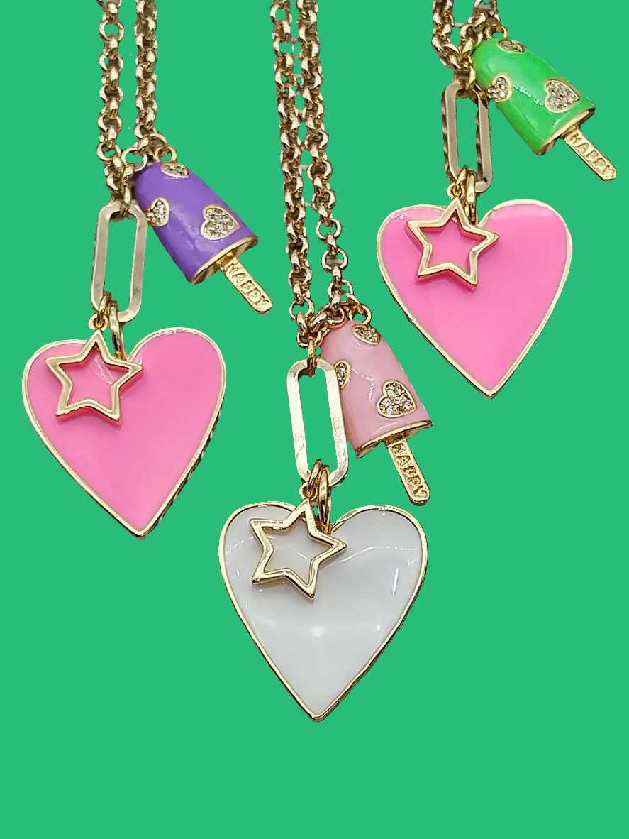 Barbie Pink Heart Pendant Necklace, 14k Gold Filled Colorful Choker, Layering Star Rollo Gold Chain Necklace, Fun Ice Cream Necklace