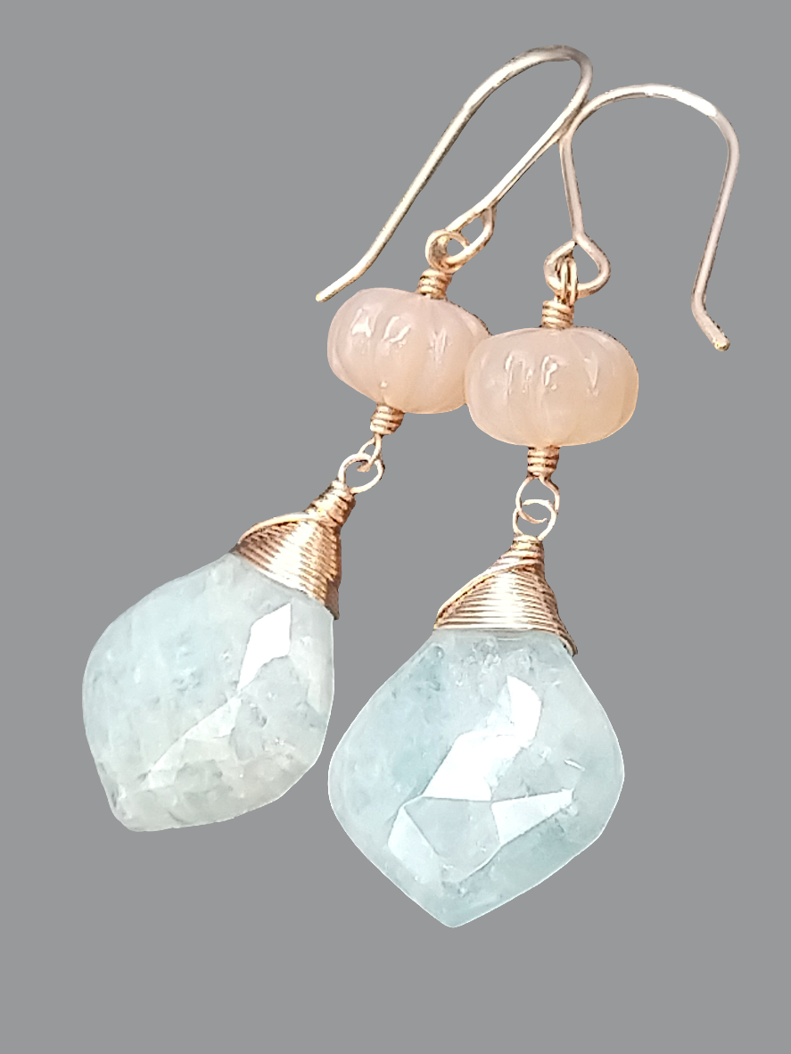 Long Aquamarine and Peachy Moonstone Dangle Rose Gold Earrings