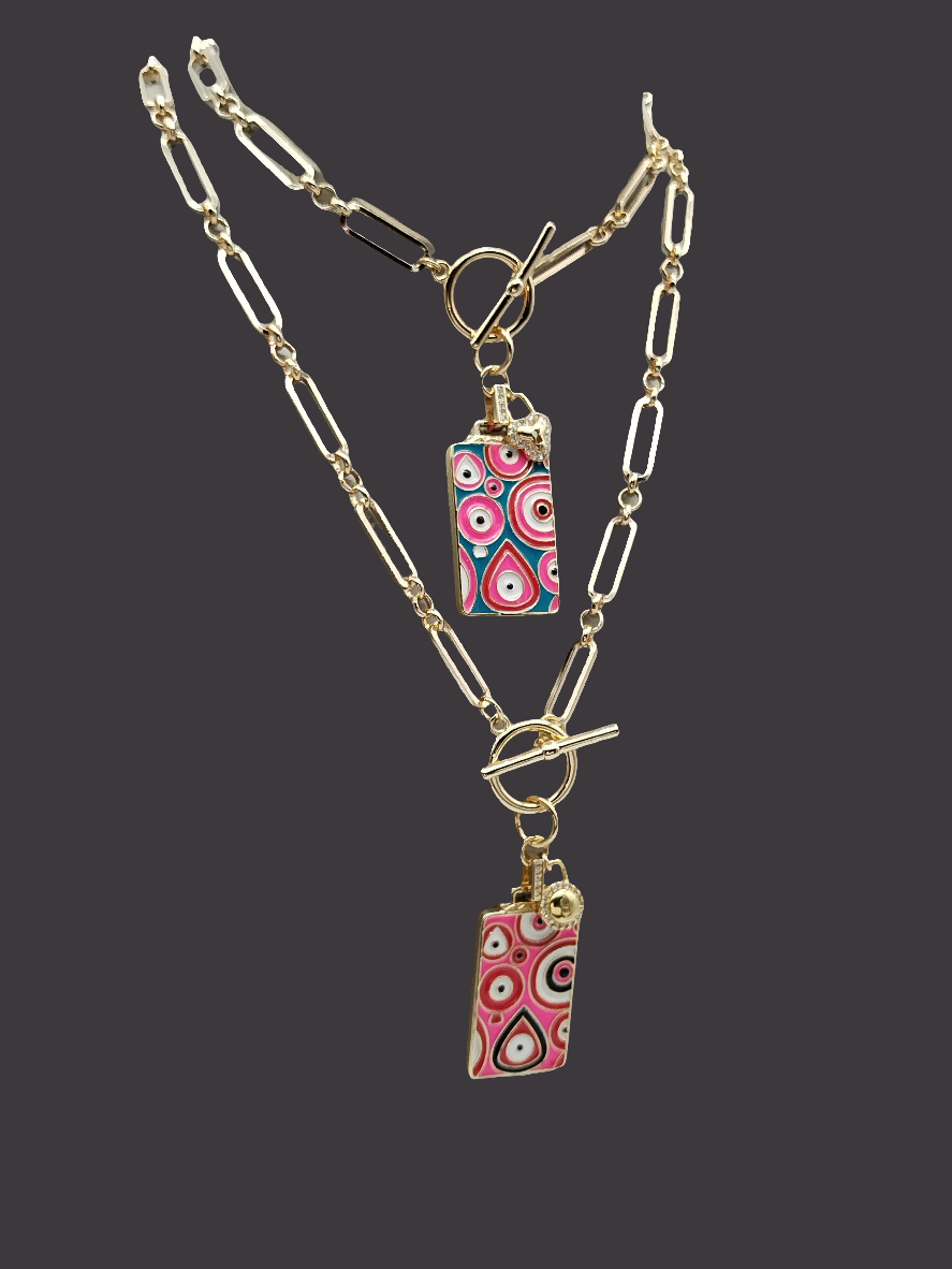 Devil Eye Large Pendant Necklace, 14k Gold Filled Paper Clip Choker