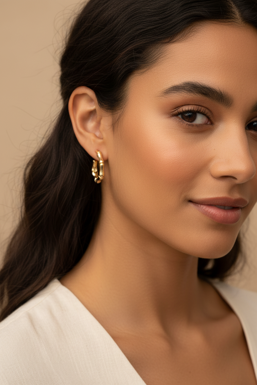 Bamboo Hoop Stud Earrings on Latin Model