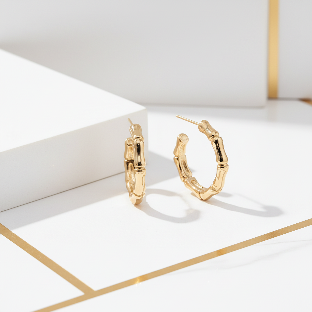 Bamboo Hoop Stud Earrings with Post Backs Facing Right